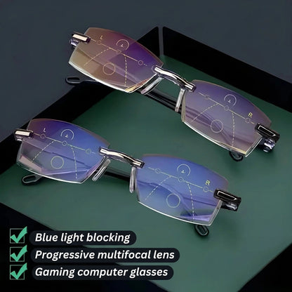 Two pairs of rimless glasses on a green surface, their lenses marked with progressive multifocal zones. 3