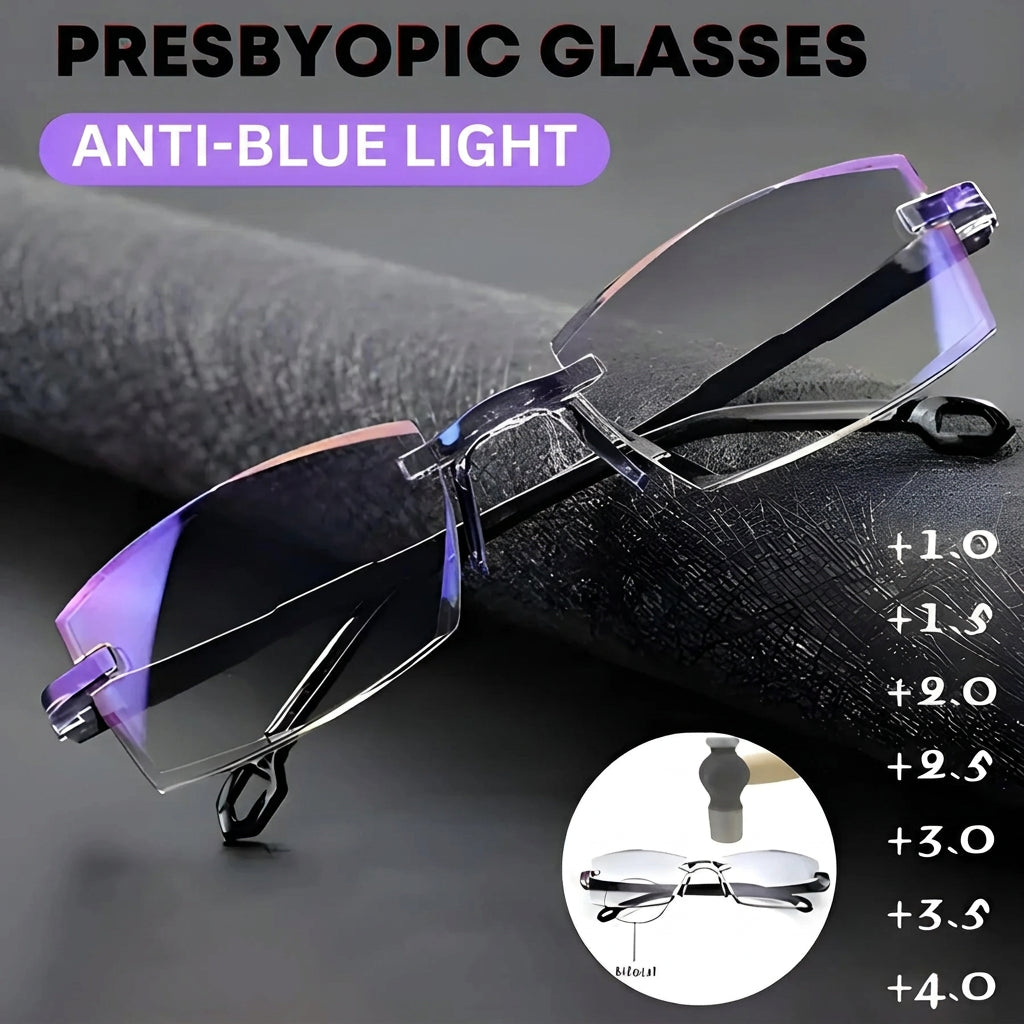 Rimless glasses resting on dark textured leather, with a list of reading strengths and an inset showing the progressive lens zones. 2