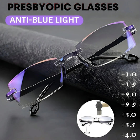 Rimless glasses resting on dark textured leather, with a list of reading strengths and an inset showing the progressive lens zones. 2