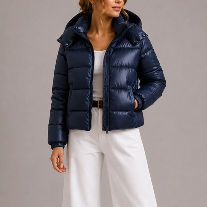 Model wearing the navy jacket unzipped over a white top, hood folded down at the collar 2