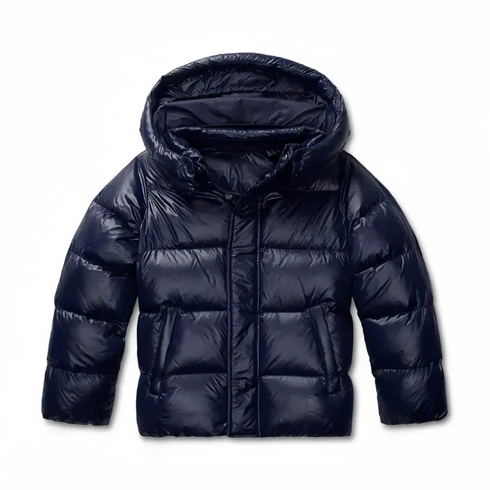 Navy glossy quilted jacket laid out flat from the front, with hood and front pockets 5
