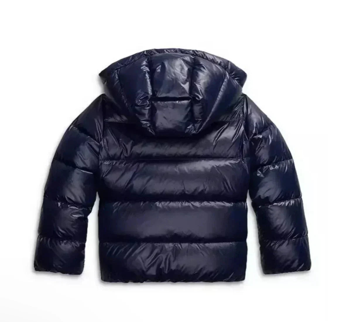 Back of the navy glossy quilted jacket, showing horizontal quilting and the hood 6