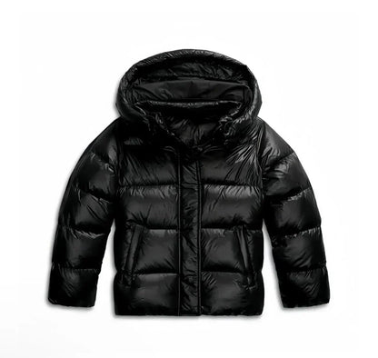 Black glossy quilted jacket laid out flat from the front, with hood and front pockets 7