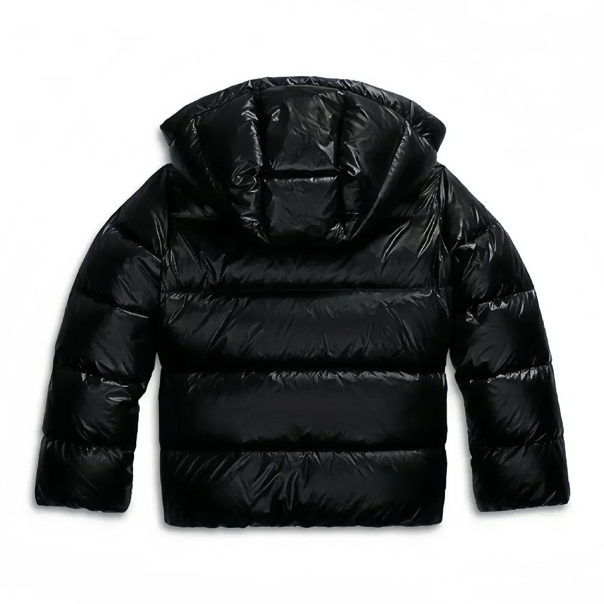 Back of the black glossy quilted jacket, showing horizontal quilting and the hood 8