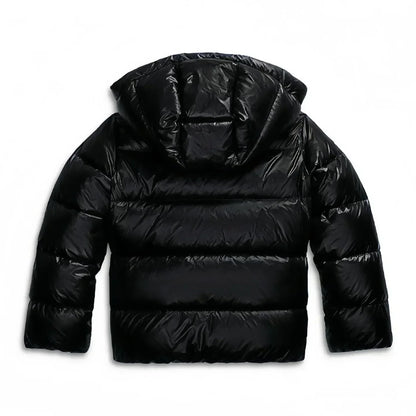Back of the black glossy quilted jacket, showing horizontal quilting and the hood 8