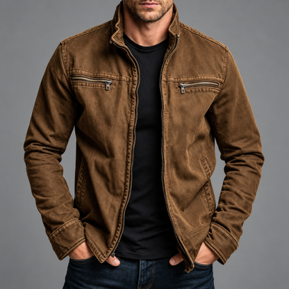 Man wearing the jacket in a washed brown shade, open over a black tee with zipped chest pockets 6