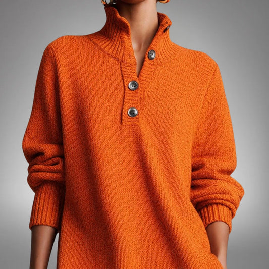 Close-up of the orange knit's mock neck, two-button placket and ribbed cuffs 2