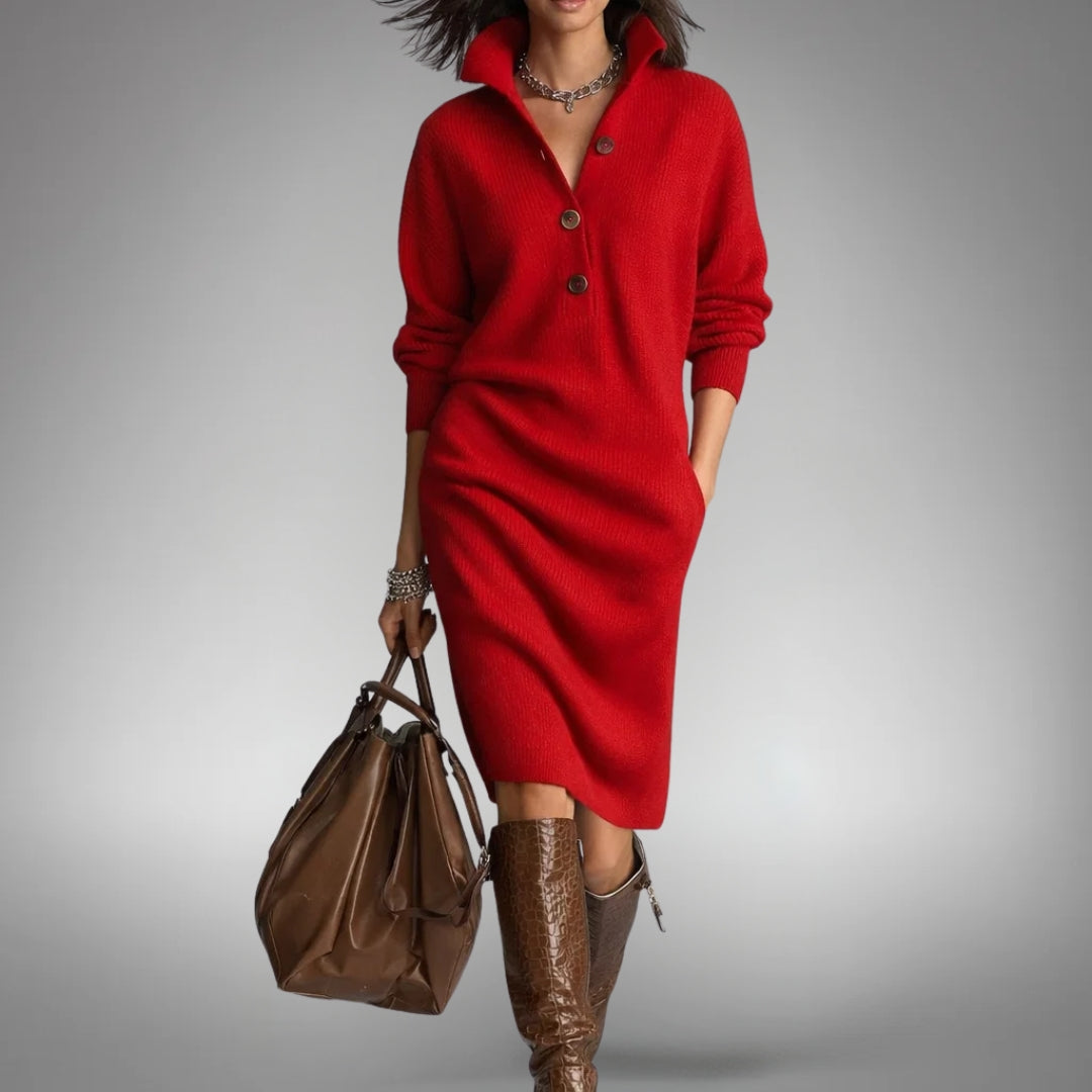 Model wears the red knitted dress from the front, hand in pocket, with a brown bag 4