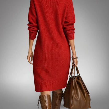 Back view of the red ribbed knit dress with long sleeves and ribbed hem 5