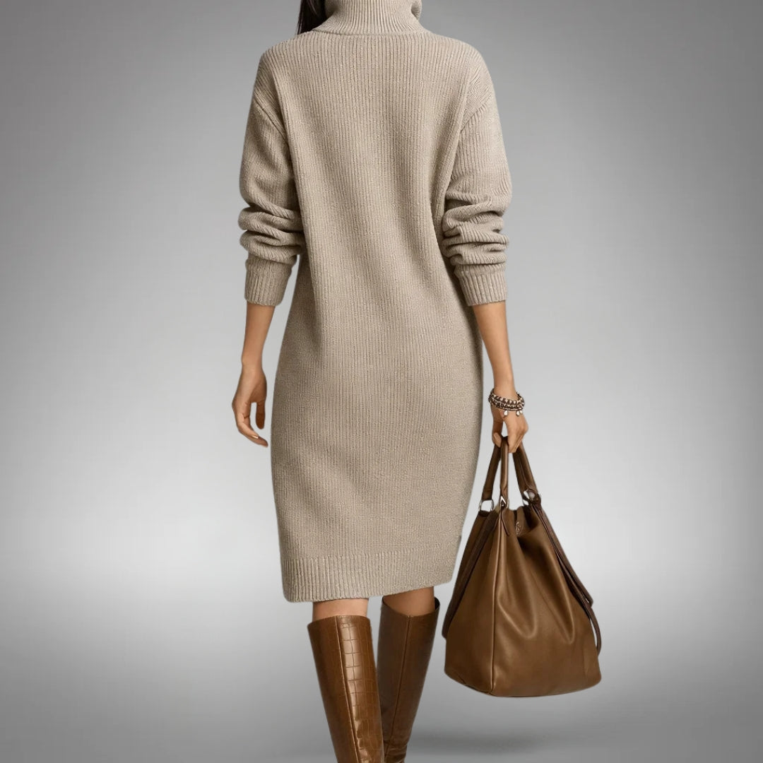 Back view of the beige ribbed knit dress with a high neck and ribbed cuffs 7