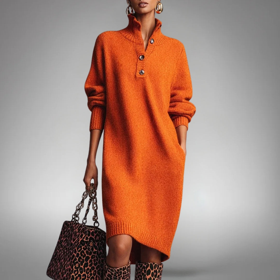 Model wears the orange knitted jumper dress from the front with a leopard-print bag and boots 1
