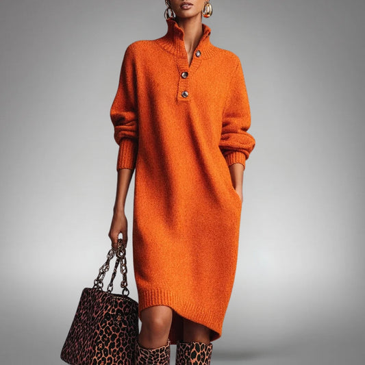Model wears the orange knitted jumper dress from the front with a leopard-print bag and boots 1