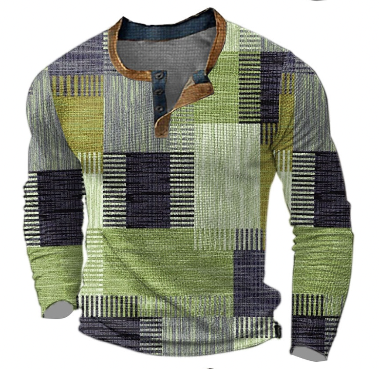 Long-sleeved Henley top in green, lilac-grey and mustard colour-block patchwork with striped texture, brown-trimmed collar and three-button placket, front view. 2