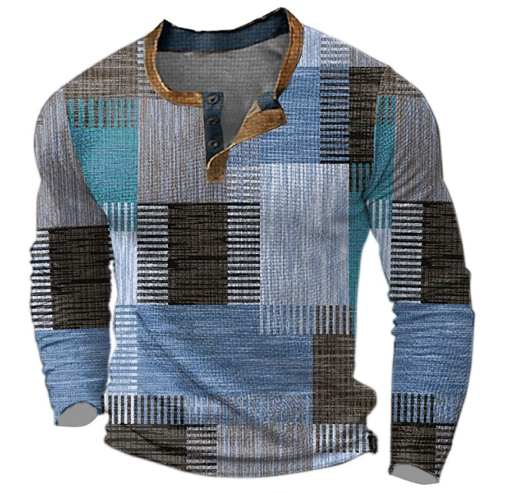 Long-sleeved Henley top in blue, teal and brown colour-block patchwork with striped texture, tan-trimmed collar and three-button placket, front view. 3