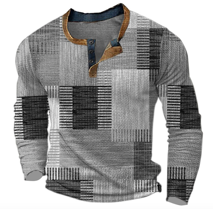 Long-sleeved Henley top in light grey and charcoal colour-block patchwork with striped texture, tan-trimmed collar and three-button placket, front view. 4