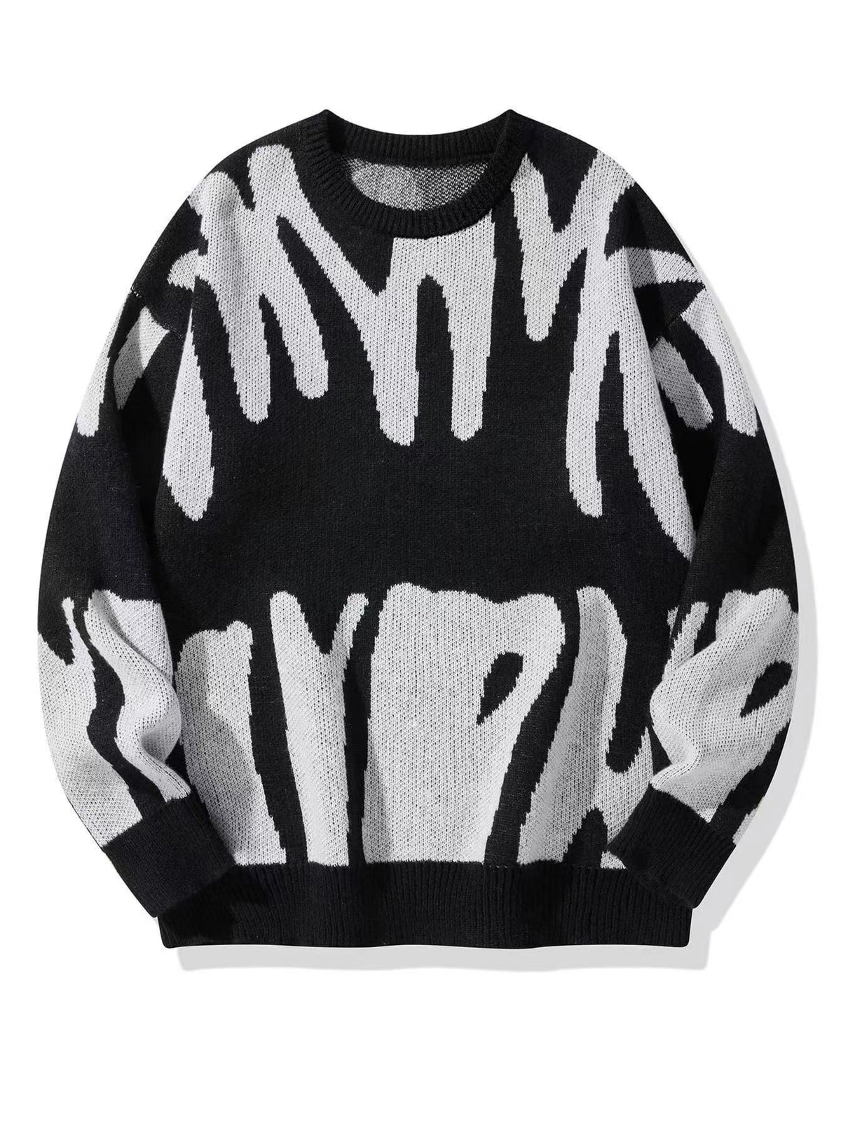 Flat lay of the knitted jumper in black with a large off-white abstract pattern 2