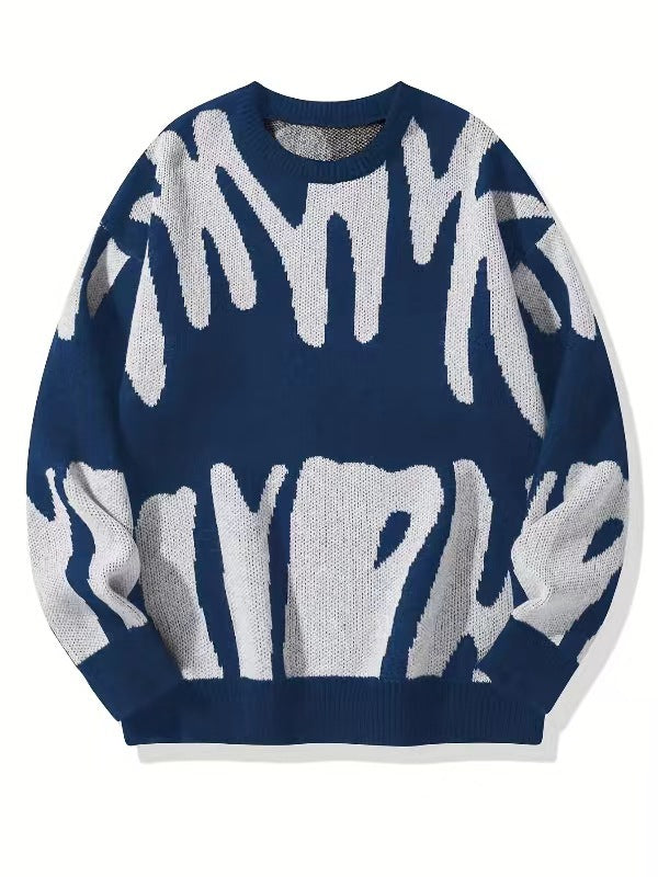 Flat lay of the knitted jumper in dark blue with a large off-white abstract pattern 3