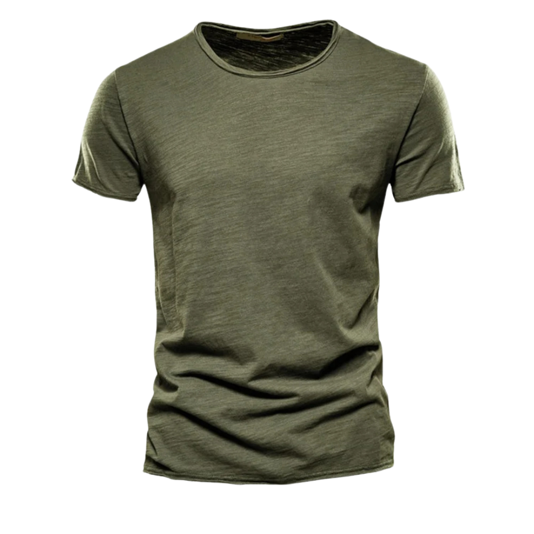 Front view of the short-sleeved crew-neck t-shirt in olive green, laid flat to show its textured fabric and raw-edged hems. 3
