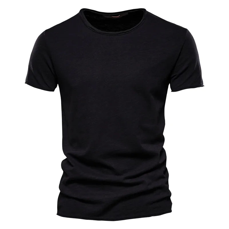 Front view of the short-sleeved crew-neck t-shirt in plain black, with a raw-edged neckline and sleeve hems. 4