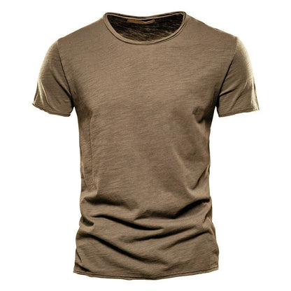 Front view of the short-sleeved crew-neck t-shirt in khaki brown, showing the textured slub weave and raw-edged hems. 7
