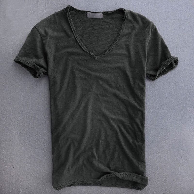 V-neck t-shirt in dark charcoal grey laid flat, front view showing the lightly textured fabric and rolled short sleeves. 4