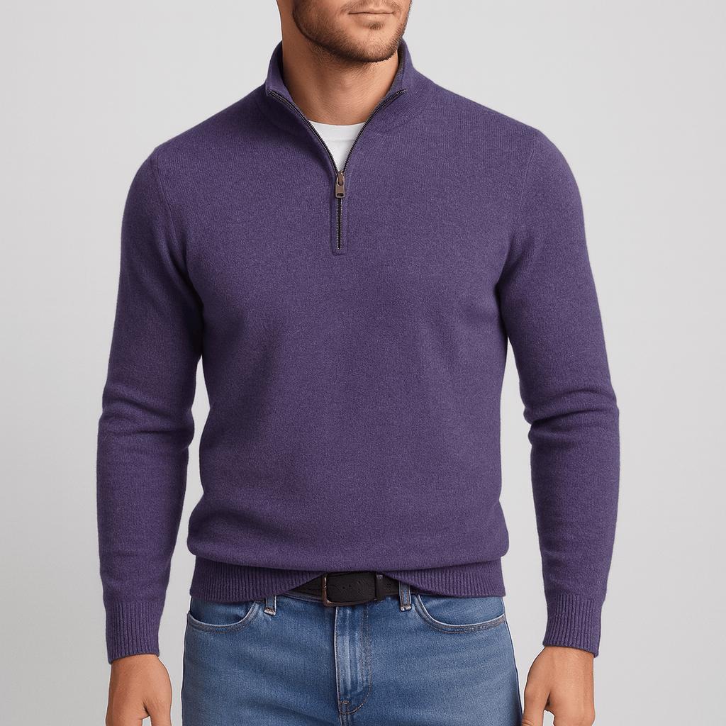 Man wearing a purple quarter-zip knit jumper with a bronze zip, blue jeans and a dark belt, front view. 8