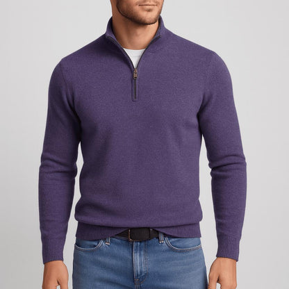 Man wearing a purple quarter-zip knit jumper with a bronze zip, blue jeans and a dark belt, front view. 15