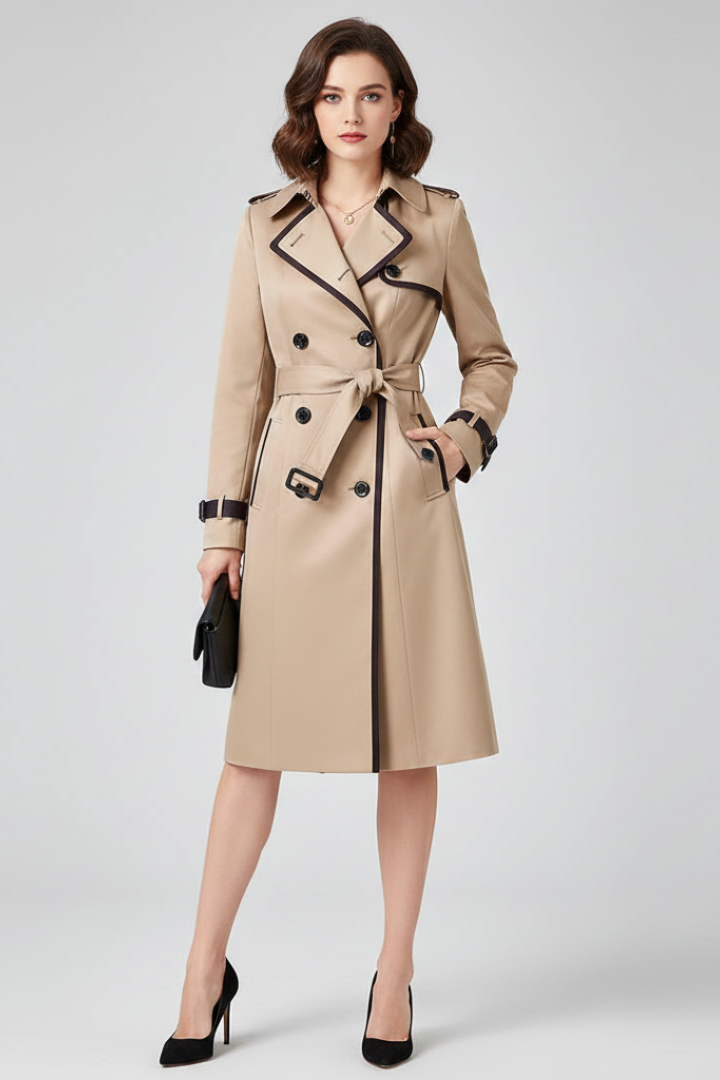 Model wearing the beige coat belted, with dark piping, black heels and a clutch, front view 2