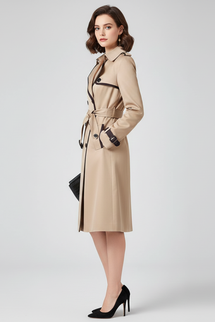 Model in the beige belted coat seen from the side, one hand in a pocket 3