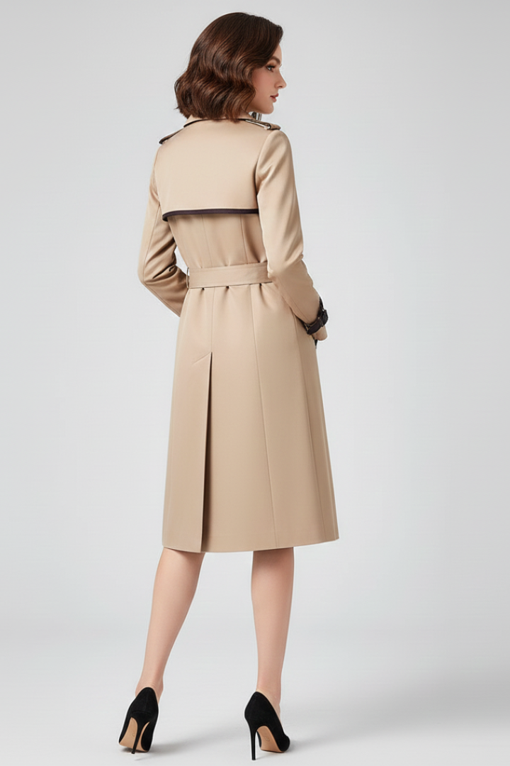Back view of the beige coat on a model, showing the storm flap, belt and centre vent 4