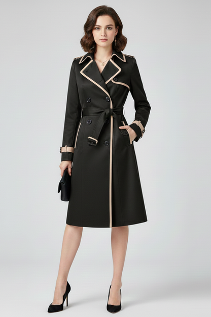 Model wearing the black version of the belted coat with contrasting beige piping, front view 5