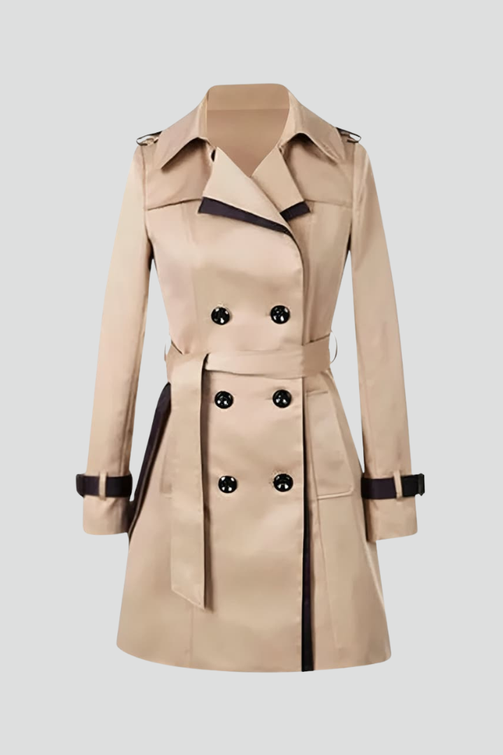 Beige double-breasted trench coat with dark trim, shown flat against a plain background with the belt tied 1