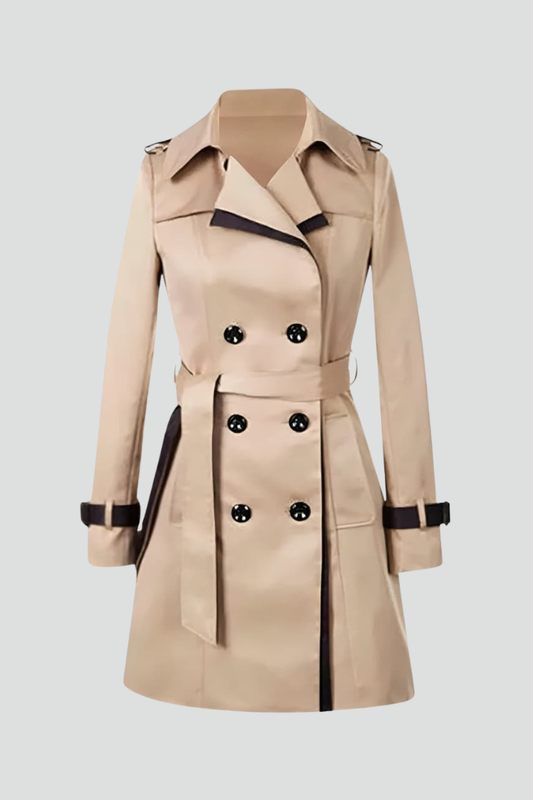Beige double-breasted trench coat with dark trim, shown flat against a plain background with the belt tied 1