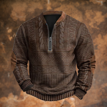 Front view of the quarter-zip jumper in dark chocolate brown, with a metal-toned zip, cable knit panels and matching elbow patches. 4