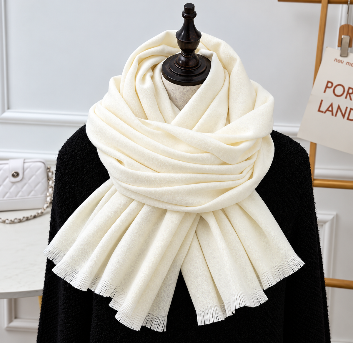 Cream fringed scarf wrapped loosely around a mannequin in a black knit top 2