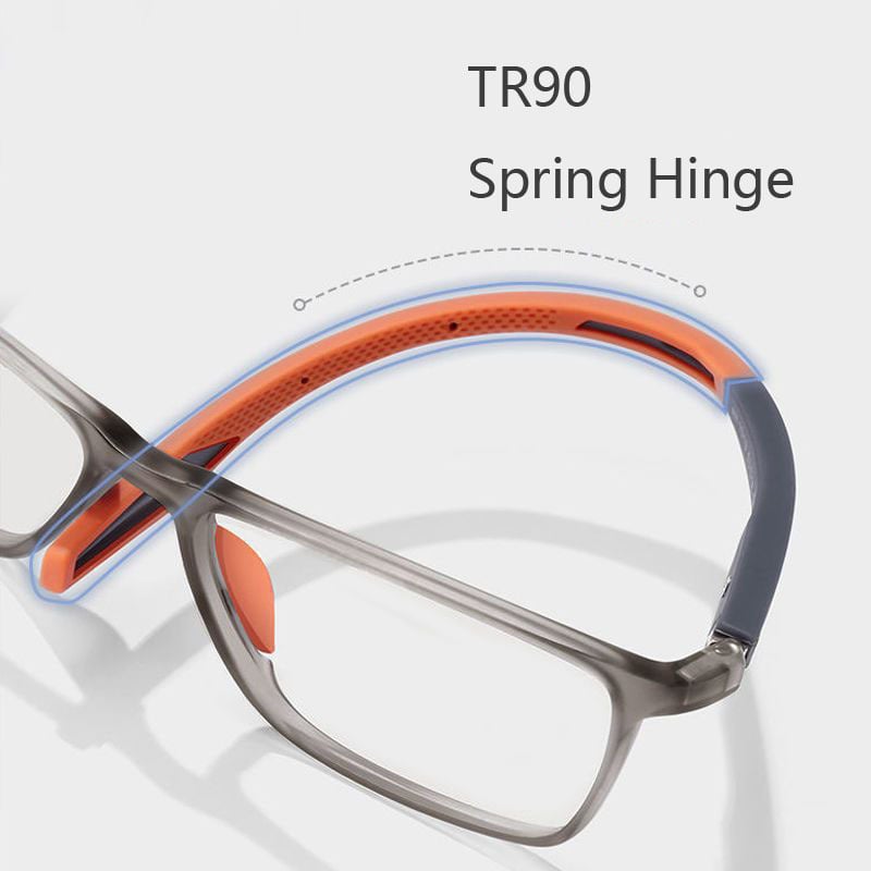 Close-up of a grey frame's flexible orange arm and hinge, with a dotted line showing the curve. 6