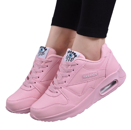 Pink lace-up trainers with air cushion heel, worn with black leggings, cut out on white 1