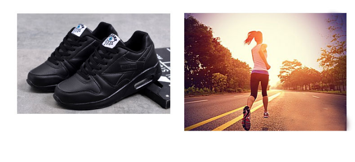 Pair of black trainers beside a woman running along a sunlit road at sunset 5