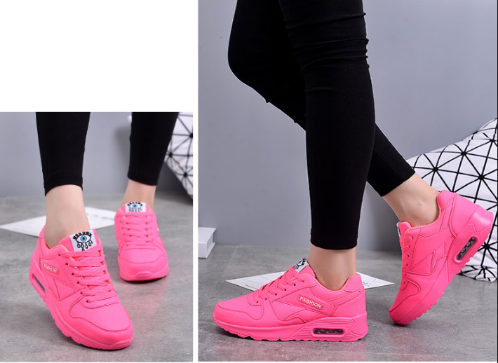 Two close-up views of neon pink trainers worn with black leggings, front and side angles 6