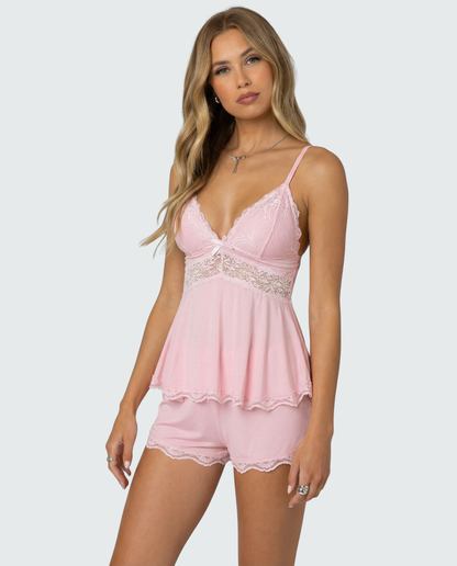 Pink cami and shorts set worn by a model, angled three-quarter front view 2