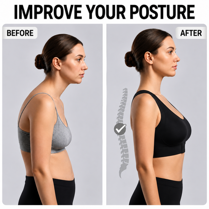 Side-by-side profile of a woman, slouching in a grey bralette and standing taller in the black posture bra. 6