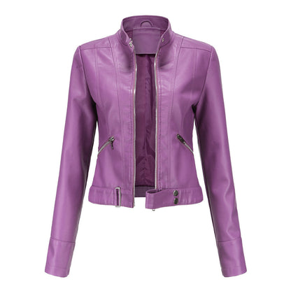 Front view of the jacket in bright purple, unzipped, with stand collar, zip pockets and belted hem. 7