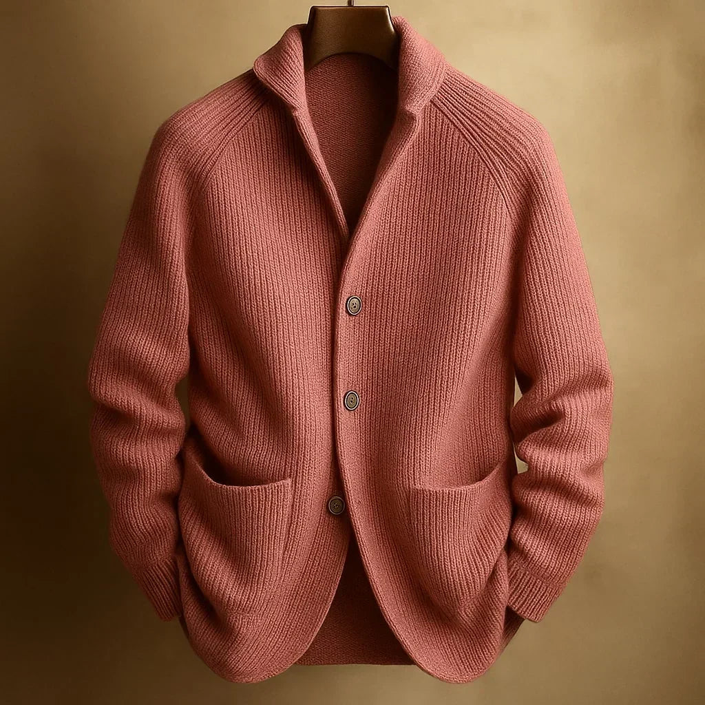Terracotta pink ribbed knit cardigan with shawl collar and three buttons on a wooden hanger 6