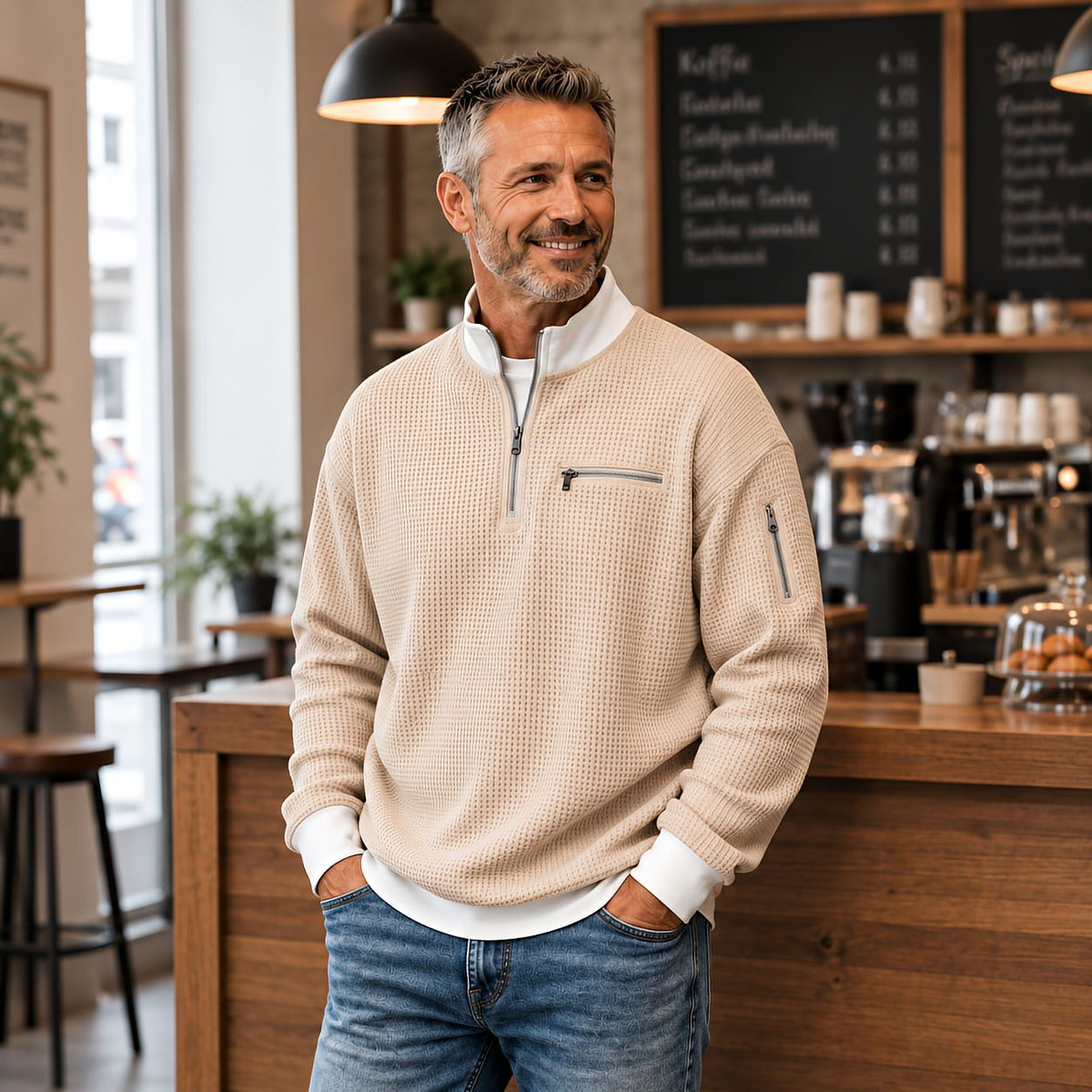 Smiling man in a beige waffle-knit quarter-zip jumper with white collar and cuffs, leaning on a wooden counter in a café. 1