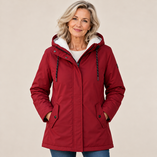 Woman with wavy blonde hair wearing the red parka zipped up, hands in pockets, against a plain backdrop 1