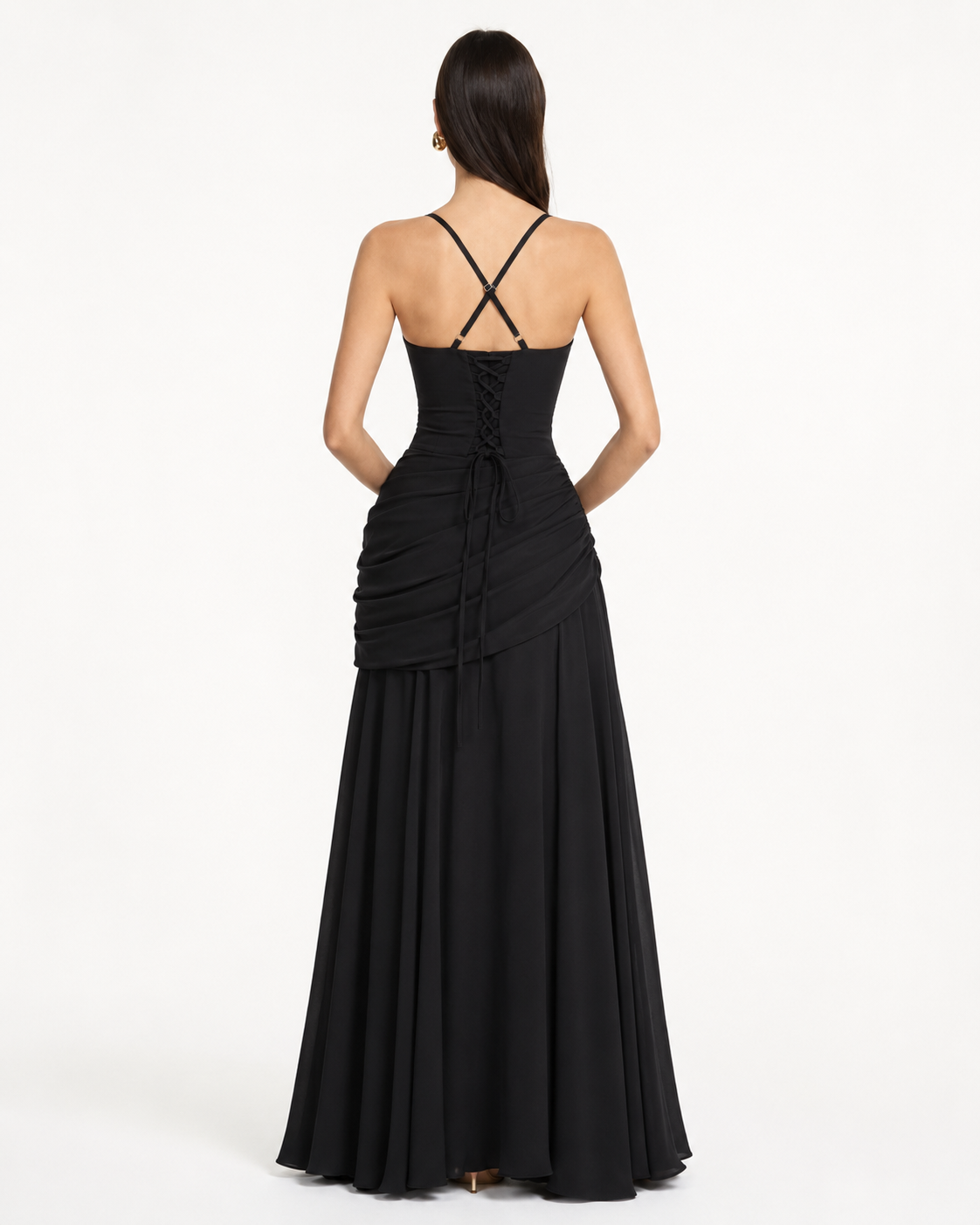 Back view of the black maxi dress, showing the lace-up corset back and crossed thin straps. 15