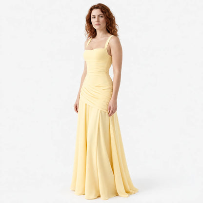 Wedding Guest Maxi Dress With Square Neck, Gathered Waist & Back Lace-Up