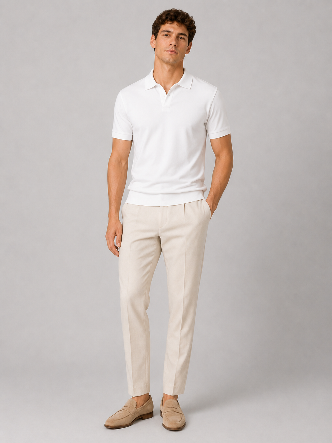 Full-length studio shot of the white polo worn untucked with cream pleated trousers and tan suede loafers, one hand in pocket. 3