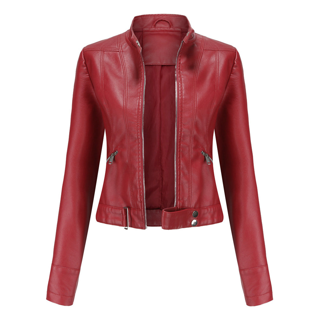 Front view of the jacket in deep red, unzipped, with stand collar, zip pockets and buckled waist tab. 3