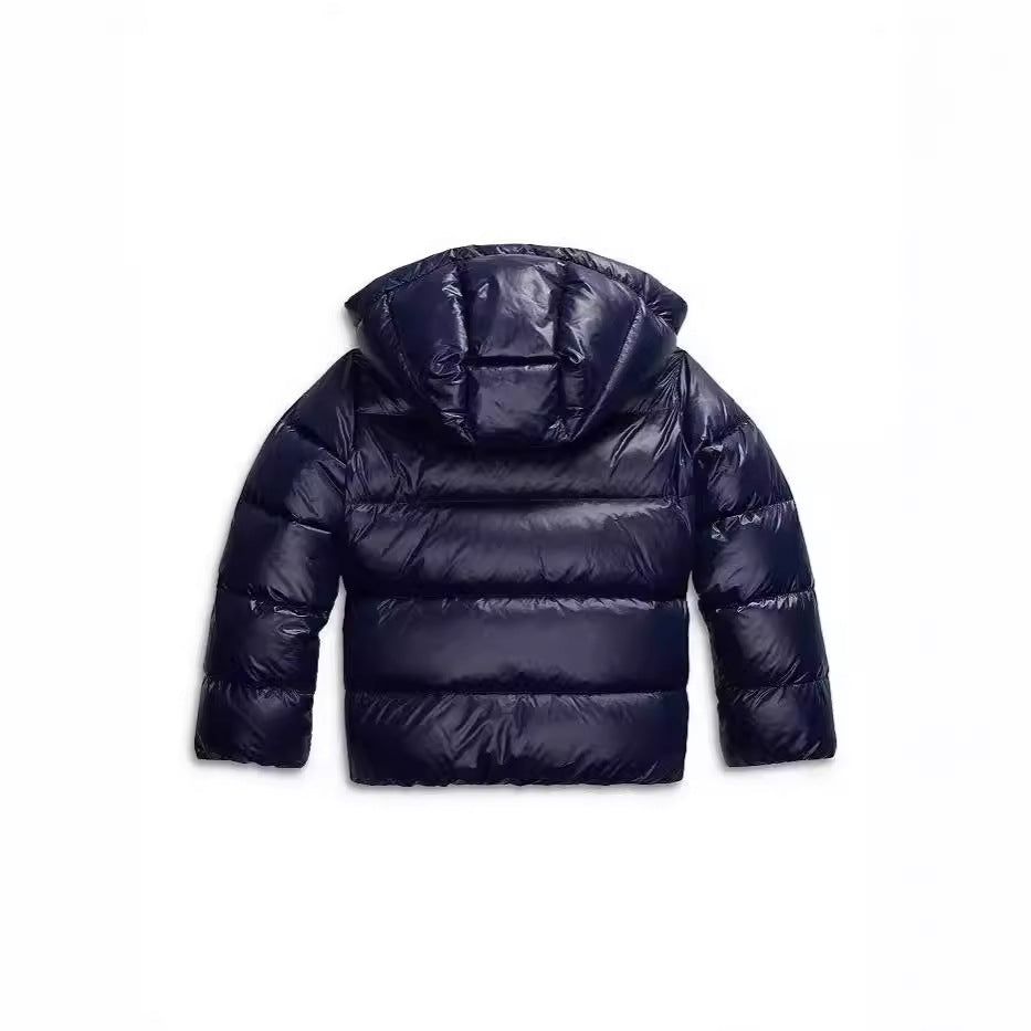 Back view of the glossy navy puffer jacket with its hood attached, showing horizontal quilted panels across the back. 2